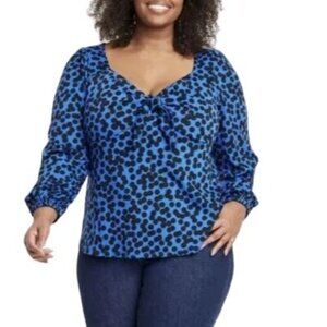 Ava & Viv Womens Plus Size 4X Blue Black Polka Dot Long Sleeve Blouse Bow Detail